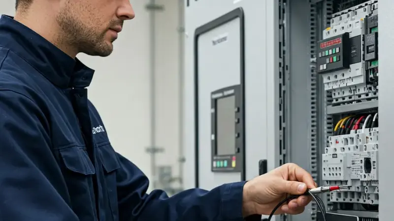 Technician connecting a test lead to a relay inside a switchgear cabinet.