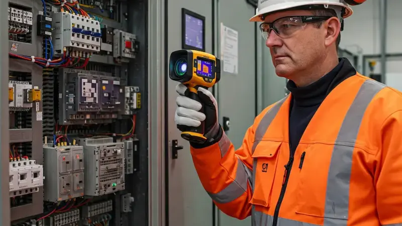 Technician in an orange hi-vis jacket scanning a switchgear cabinet with a thermal imaging camera.