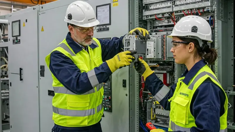Two technicians in hi-vis vests working inside an open switchgear cabinet.