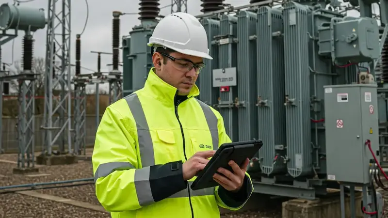 Technician holding a tablet in front of a substation transformer.