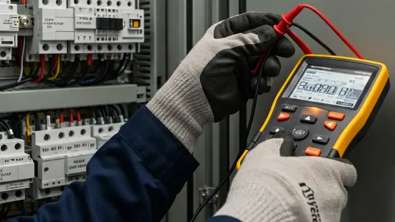 Gloved hands holding a multimeter next to a panel of breakers.